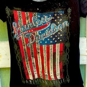 Harley Davidson Black/Aztec/Rhinestone Flag T-Shirt Size Large